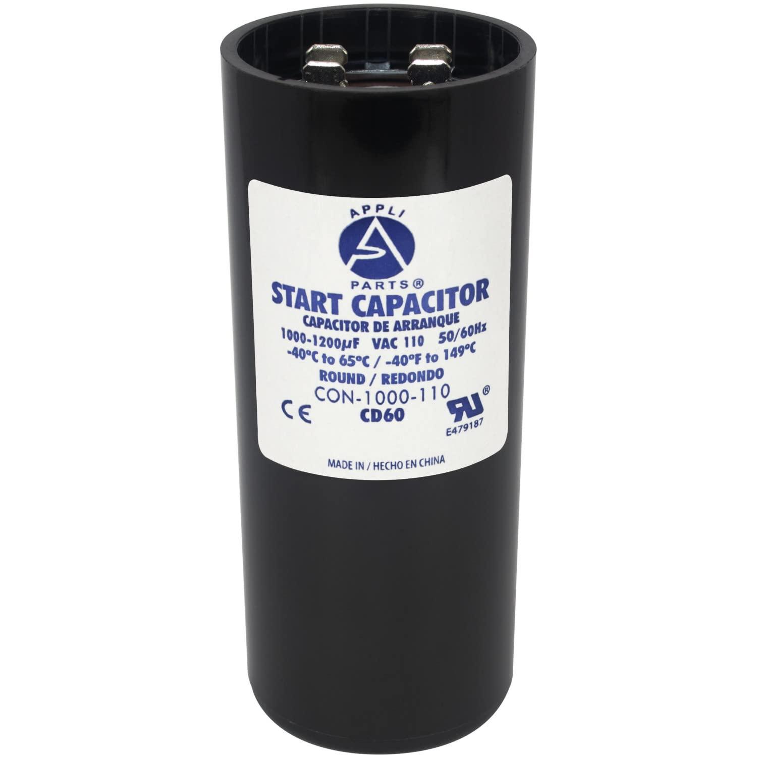 Appli Parts motor start capacitor 1000-1200 Mfd (microfarads) uF 110-125VAC universal fit for electric motor applications 1-3/4 in Diameter 4-3/8 in Height CON-1000-110