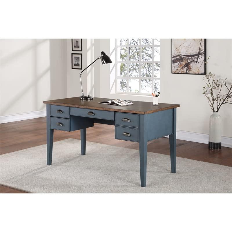 Transitional Blue-Brown Wood Executive Desk with Power Outlet and Drawers