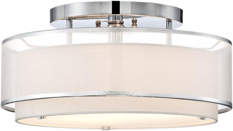 Possini Euro Design Modern Ceiling Lighting Semi Flush Mount Fixture 16" Wide Chrome 2-Light Sheer Outer Off White Inner Drum Shade for Bedroom House