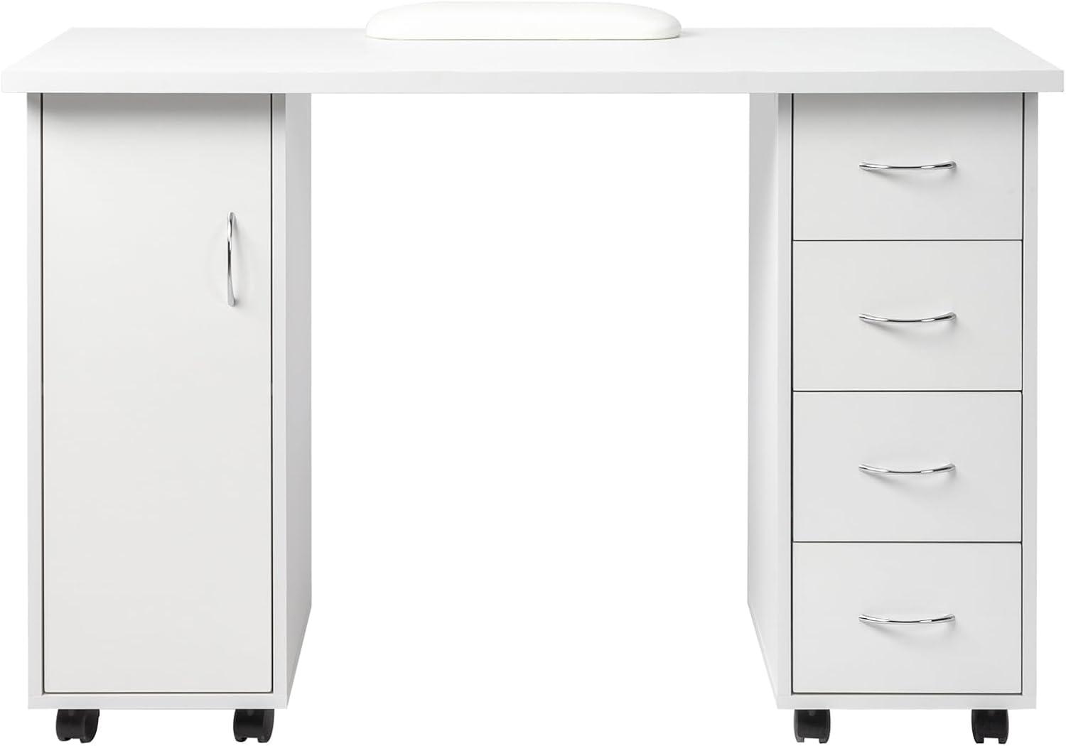 Goujxcy Rolling Nail Table Manicure Table Nail Desk Station, Beauty Salon Nail Station Desk Nail Art Equipment with 4 Drawers & Large Cabinet & Wrist Rest,White