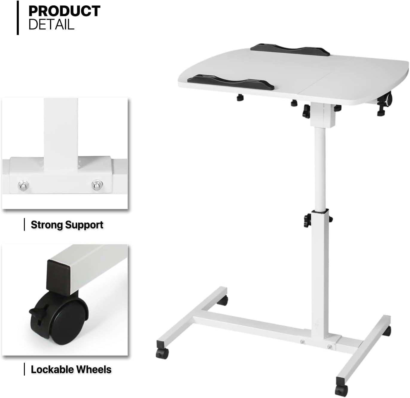 MoNiBloom Mobile Laptop Desk Standing Desk with Wheels & Tilting Tabletop, Height Adjustable Sit Stand Computer Workstation, White