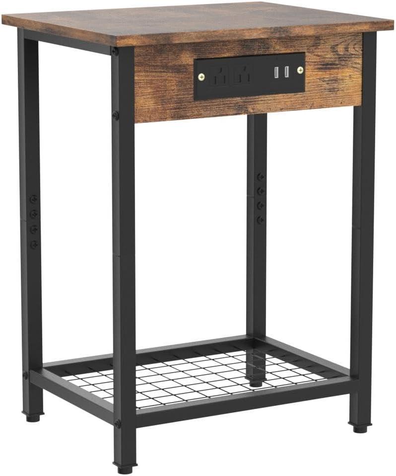 Costway Set of 2 End Tables with Charging Station Industrial Bed Side Table with AC Outlets & USB Port Rustic Brown