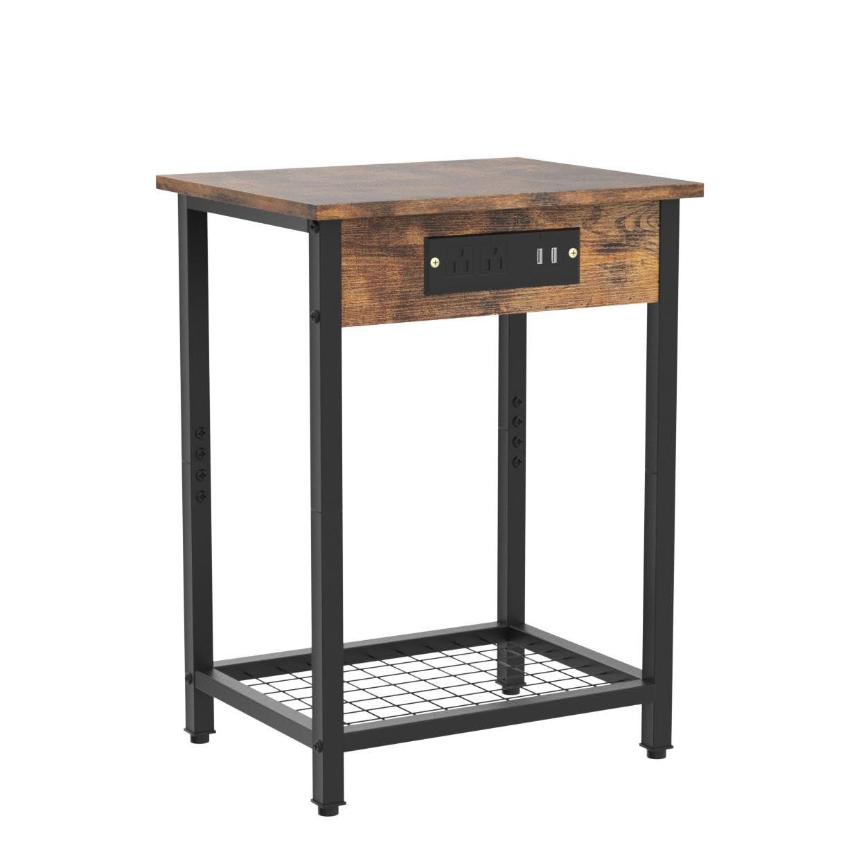 Costway Set of 2 End Tables with Charging Station Industrial Bed Side Table with AC Outlets & USB Port Rustic Brown