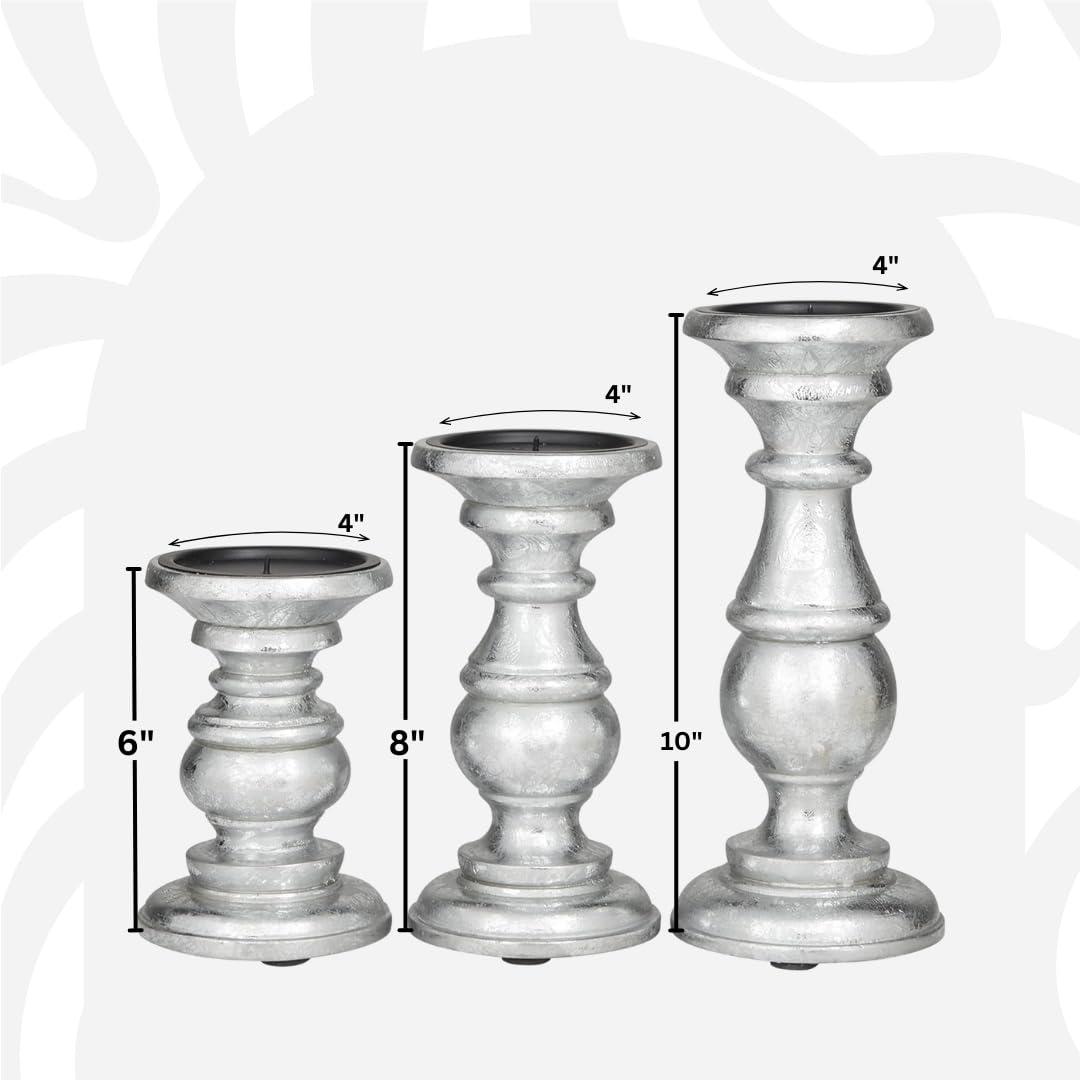 AULIYA Wooden Candle Holders Pillar Candles Holder Rustic Wood Stand Decorative Polish Candlestick Set of 3 for Home Decor - 6" 8" 10" Silver