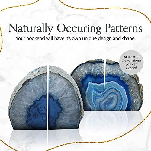 Nature's Decorations Agate Bookends - A Quality Blue Geode with Non-Skid Rubber Bumpers for Shelves, Office, Home Decor - Heavy Duty Cool Crystal Stone Book End Pair for Decoration (3-4 LB)