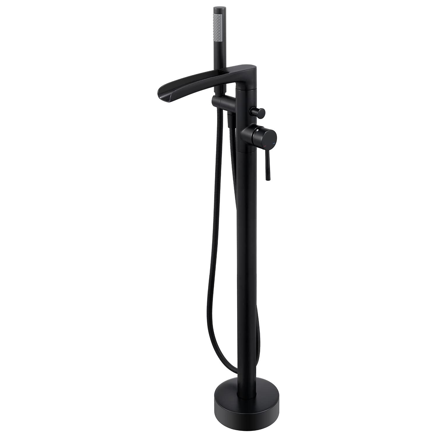 MOGFCT Waterfall Freestanding Bathtub Faucet Set Single Handle Floor Mount Tub Filler with Hand Shower ,Matte Black