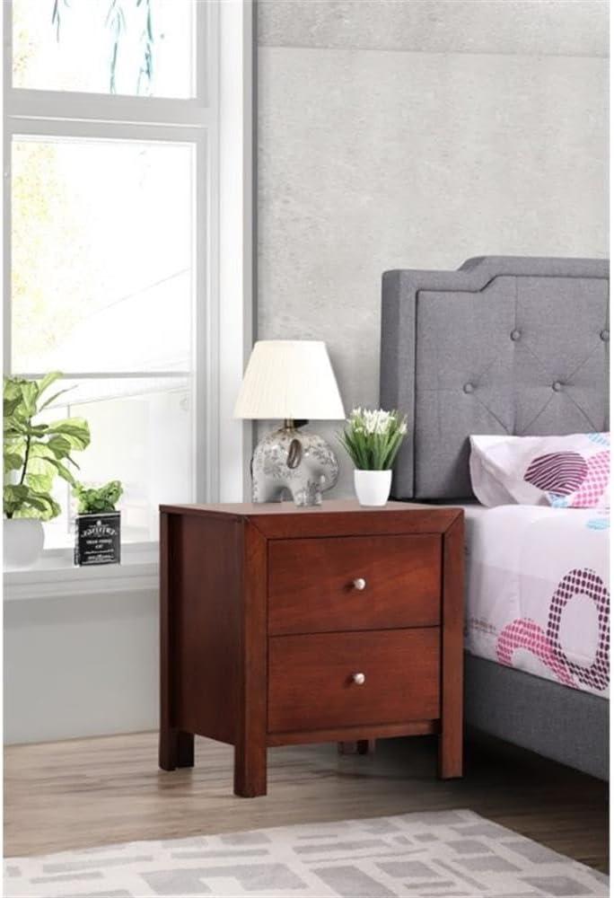 Cherry Wood 2-Drawer Nightstand with Silver Knobs