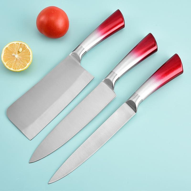 Kitchen Knife Set, 9-Pieces Red Coated Knife Block Set, Stainless Steel Chef knife Set with Sharpener Peeler Scissors, Sharp Non-Stick Knives Set with Rotatable Holder for Cutting Slicing Dicing