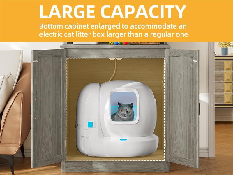 DWVO Large Hidden Cat Litter Box Enclosure Furniture with 2 Shelf Cat Washroom Storage with Charging Station，Wooden Cat Cabinet for Litter Box - Gray