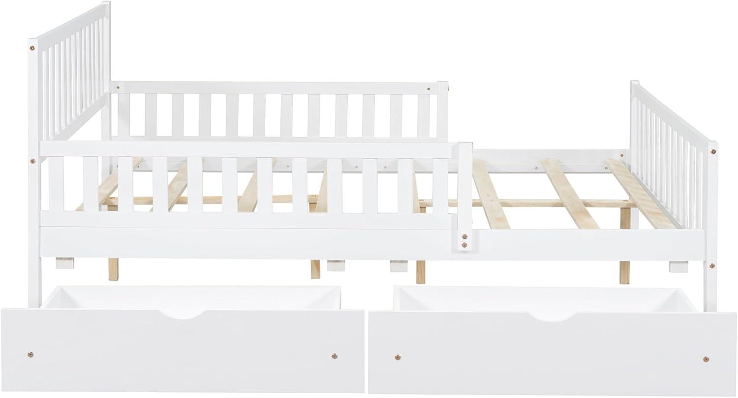 Kids Full Bed with Guardrails, Low Platform Bed with Headboard and Footboard, White Children Bed Frame with 2 Drawers for Boy Girl