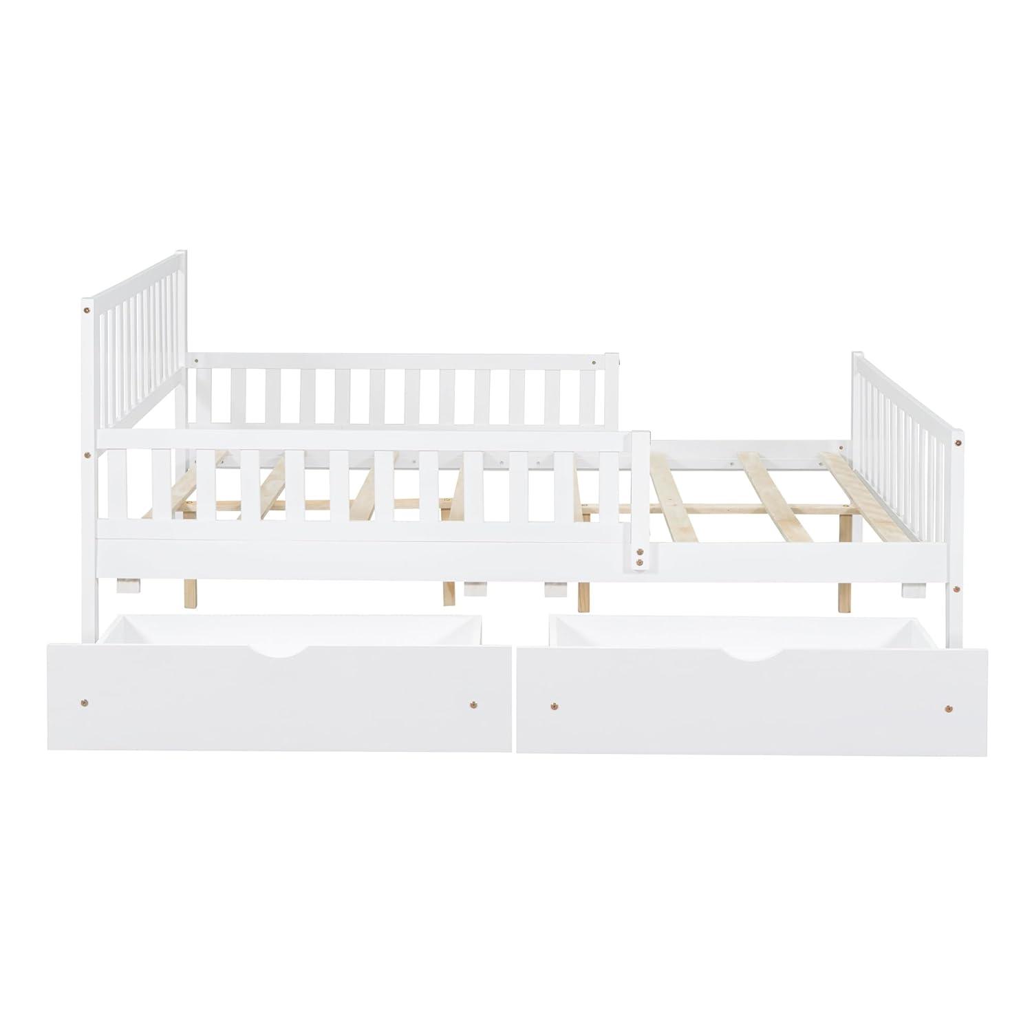 Kids Full Bed with Guardrails, Low Platform Bed with Headboard and Footboard, White Children Bed Frame with 2 Drawers for Boy Girl