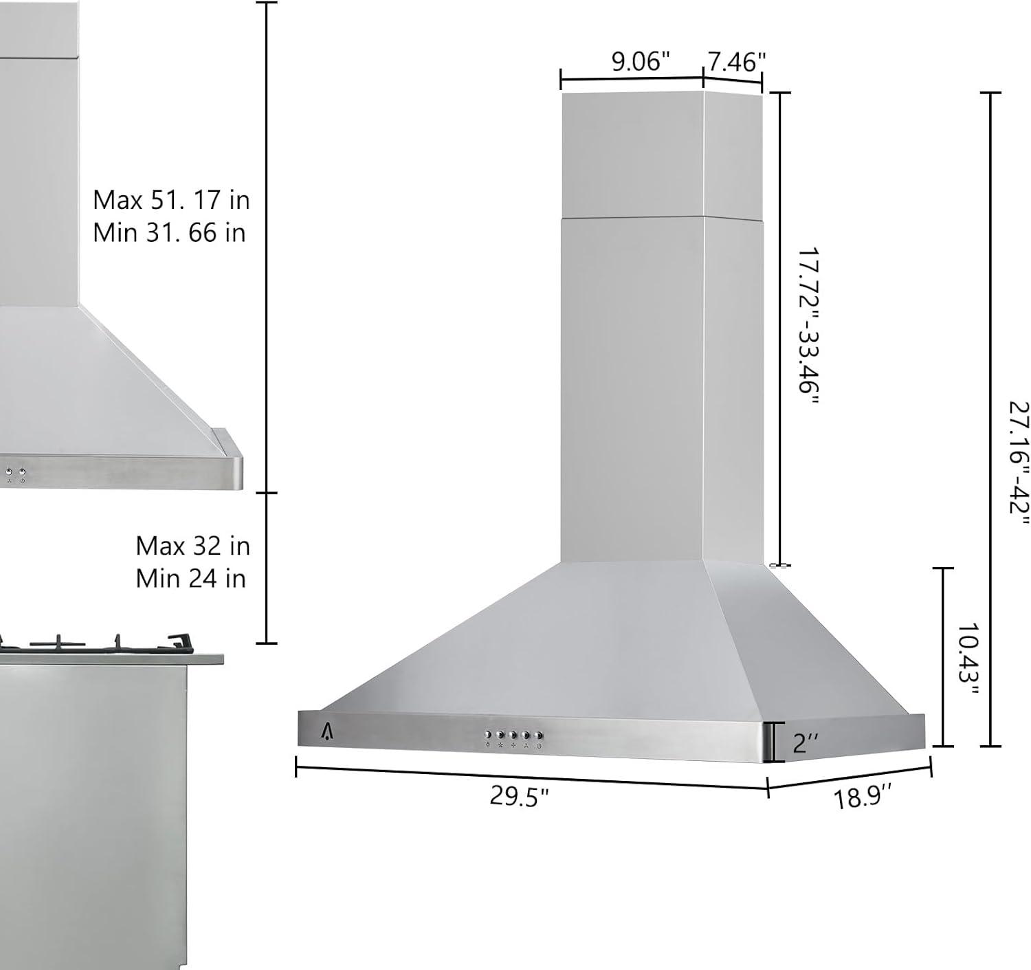 30 Inch Stainless Steel Convertible Wall Mounted Range Hood