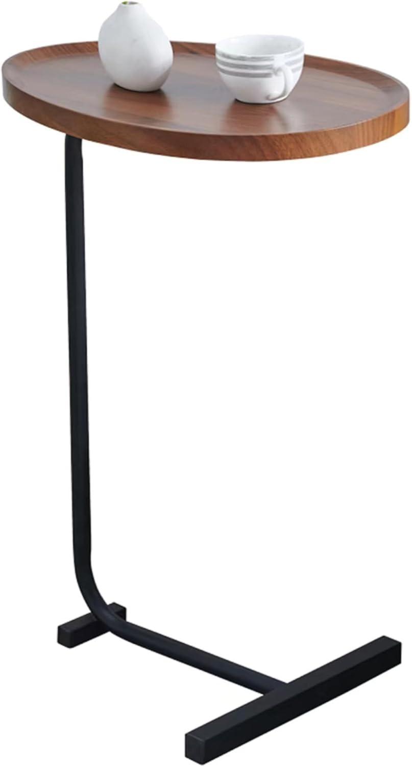 Brown Oval Top C-Shaped Side Table Set with Black Metal Frame