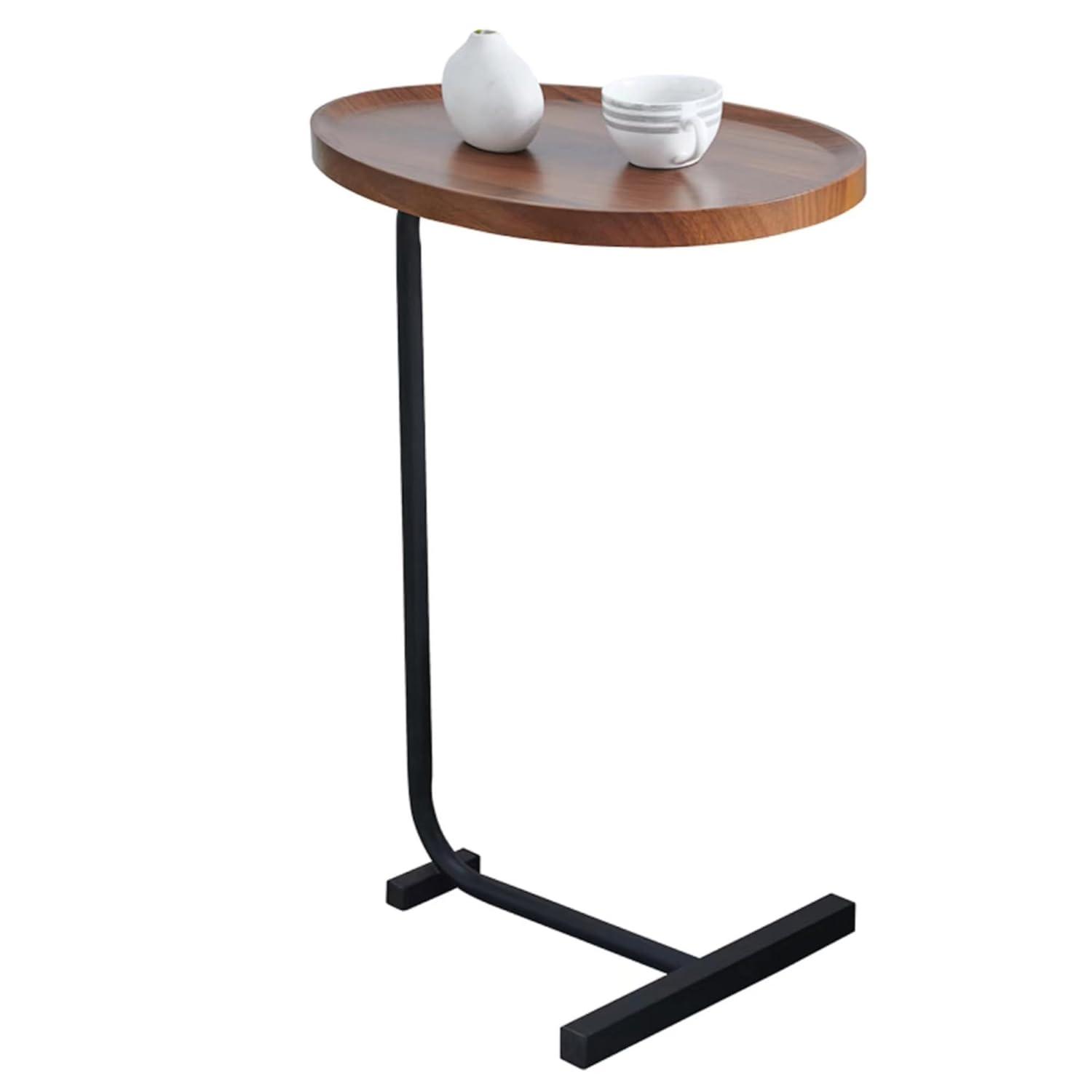 Brown Oval Top C-Shaped Side Table Set with Black Metal Frame