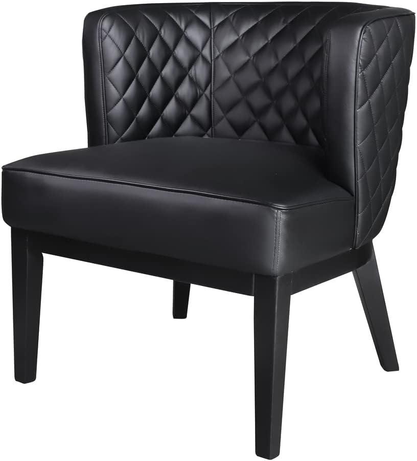 Elegant Quilted Black Leather Barrel Accent Chair with Wood Base