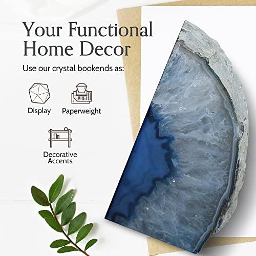 Nature's Decorations Agate Bookends - A Quality Blue Geode with Non-Skid Rubber Bumpers for Shelves, Office, Home Decor - Heavy Duty Cool Crystal Stone Book End Pair for Decoration (3-4 LB)
