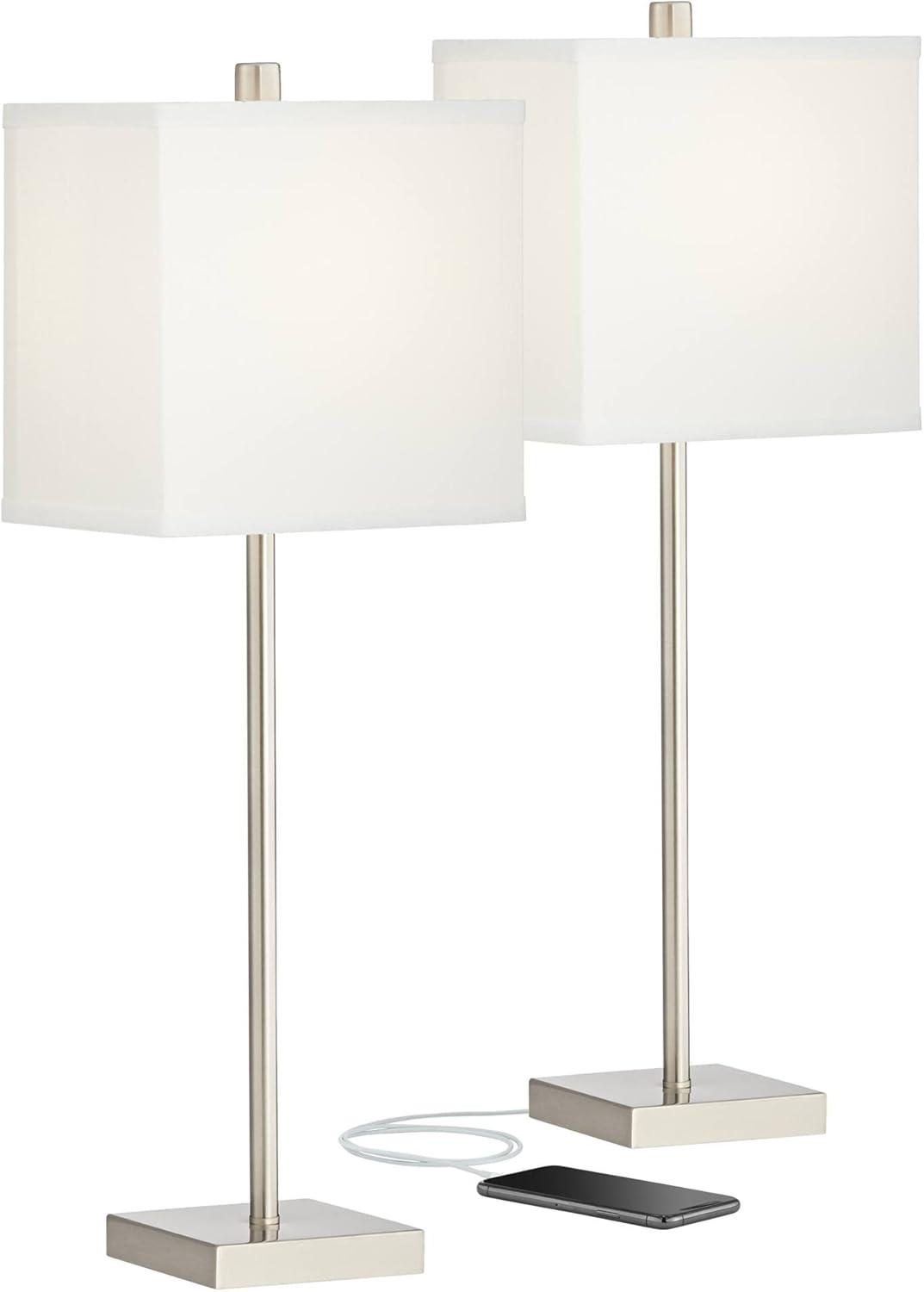 360 Lighting Franco Modern Table Lamps 26 1/2" High Set of 2 Brushed Nickel with USB Charging Ports White Square Shade for Bedroom Living Room Desk