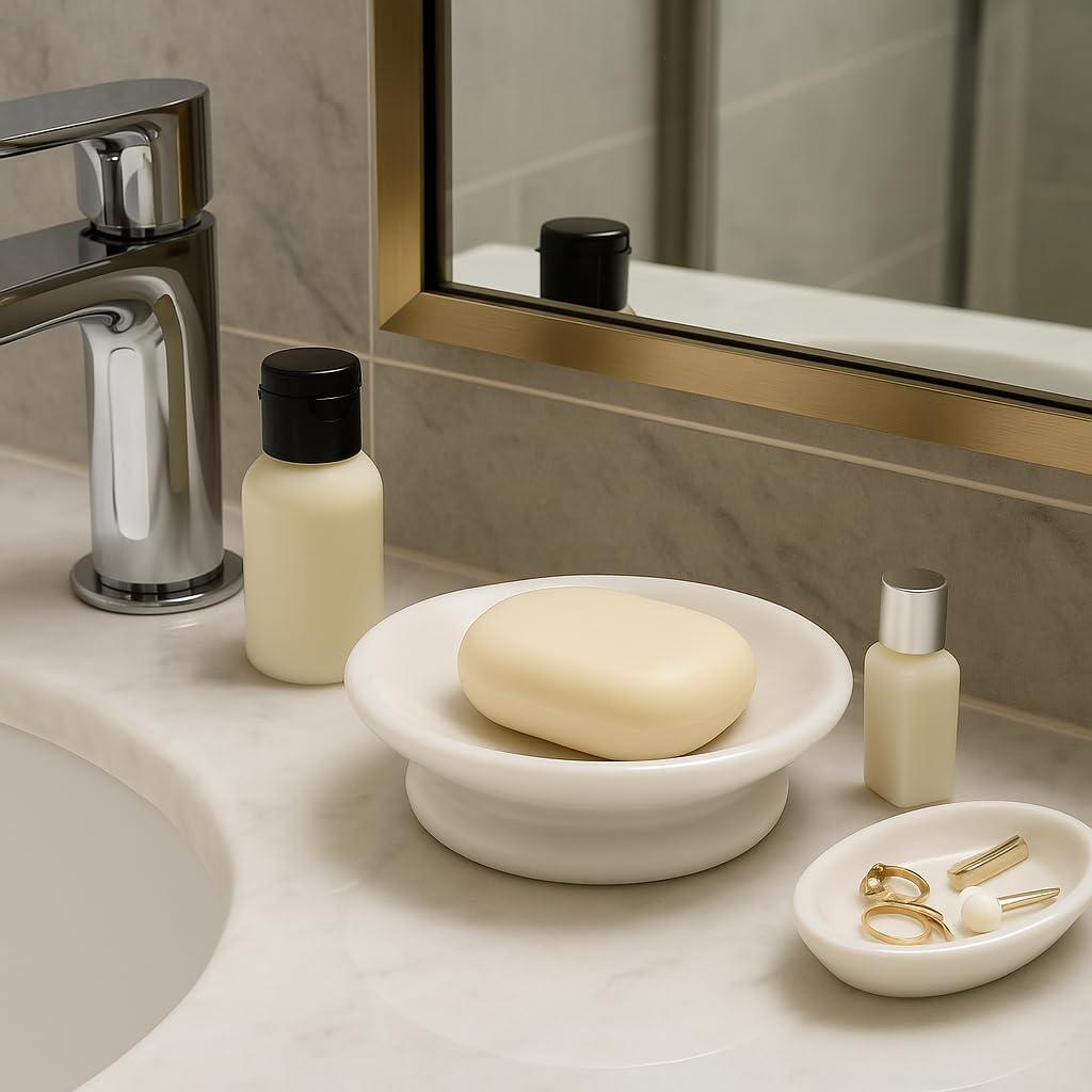 Creative Home Genuine Natural Marble Round Bar Soap Dish Soap Tray Holder Countertop Organizer, 5" Diam. x 1.5" H, Off-White