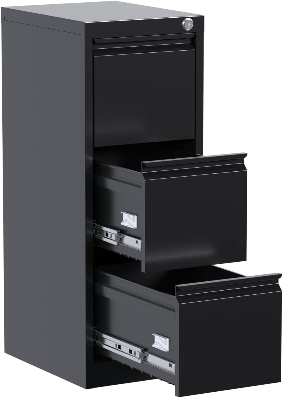 3 Drawer File Cabinet with Lock Metal Vertical File Cabinet Office Home Narrow File Cabinet for A4 Legal/Letter Size,Assembly Required (Black, 3 Drawers-Vertical)