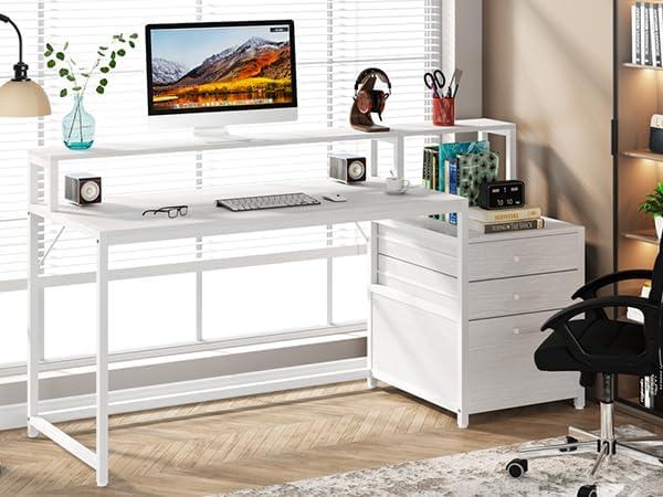 White Wood 63" Computer Desk with Drawers and Filing Cabinet