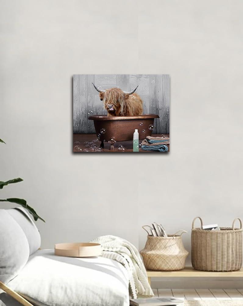 AXXPosters Cute Highland Cow Picture Wall Decor Highland Cattle in Bathtub Canvas Painting Village Animals Picture for Bathroom Decor Frame（Bathroom Animal-3，12.00" x 18.00"）