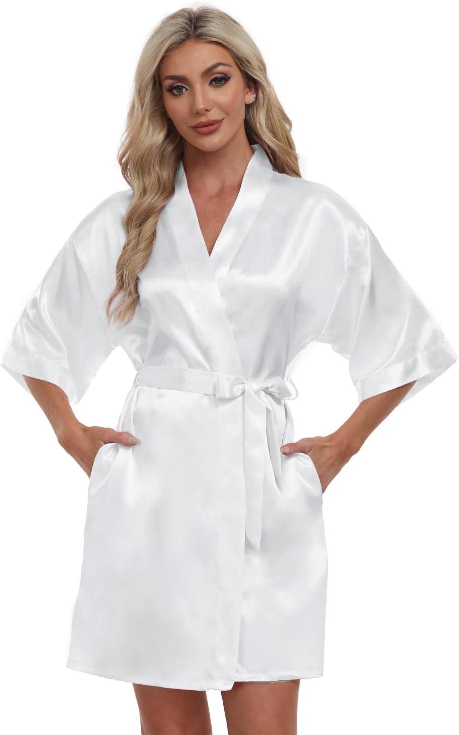 ZZwxWA Batas de Seda para Mujer con Cinturón Dama de Honor Fiesta de Boda Bata de Baño de Kimono Satinado Camisón de Media Manga Ropa de Dormir