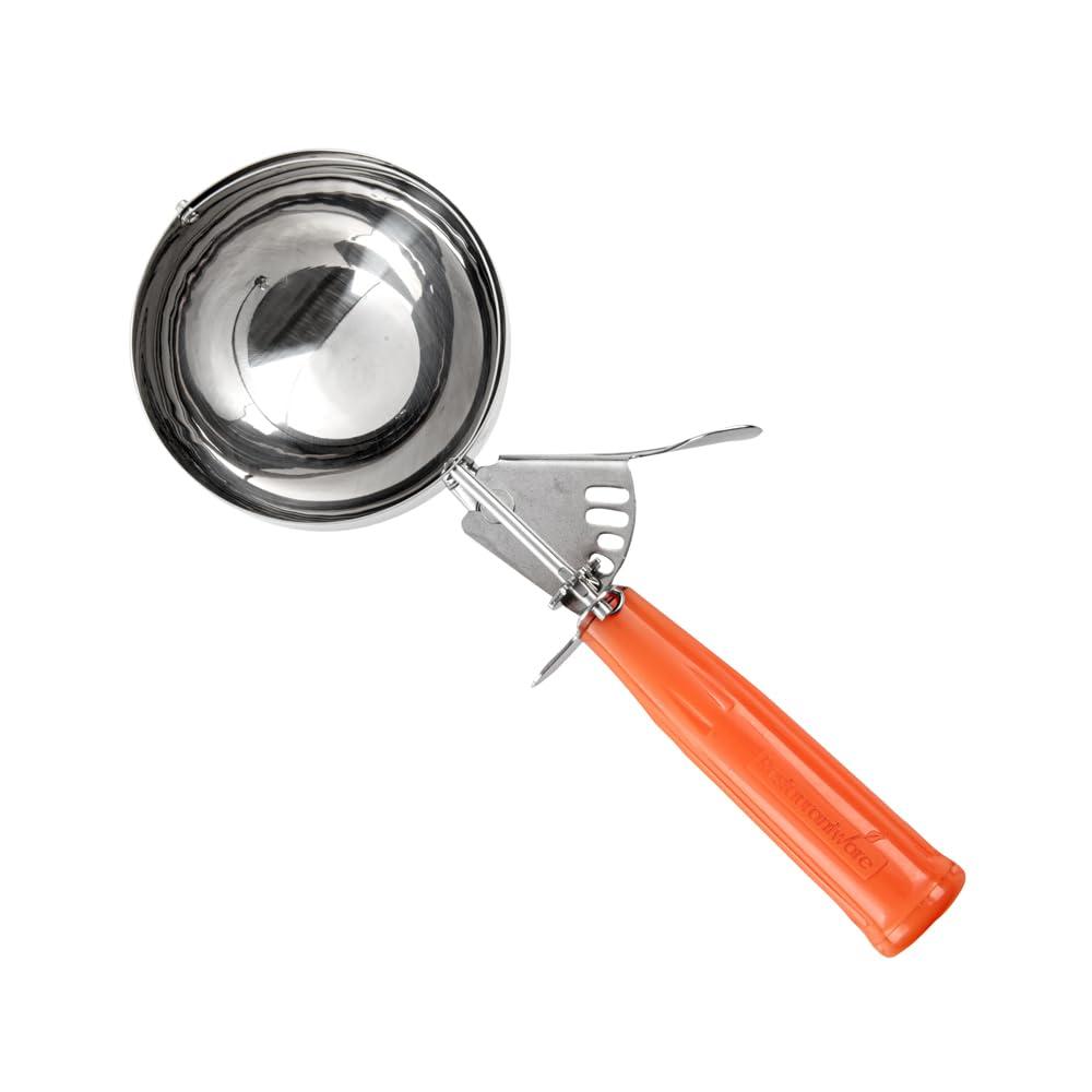 Restaurantware Met Lux 8 Ounce Portion Scoop 1 Durable Disher Scoop - Thumb Trigger Orange Stainless Steel Ice cream Disher For Portion Control For Ice Cream Mashed Potato And Cookie Batter