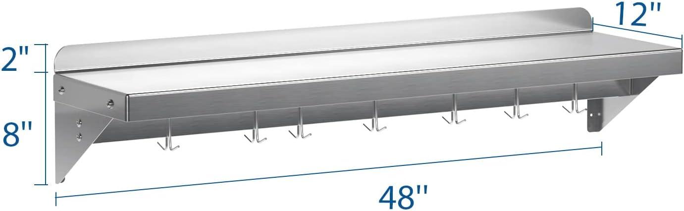 Towallmark Stainless Steel Shelf, NSF Commercial Shelf Wall Mounted, Wall Shelf Floating Shelving for Restaurant, Kitchen, Home, Hotel, 48 x 12 Inches Flat Surface with 7 Hooks