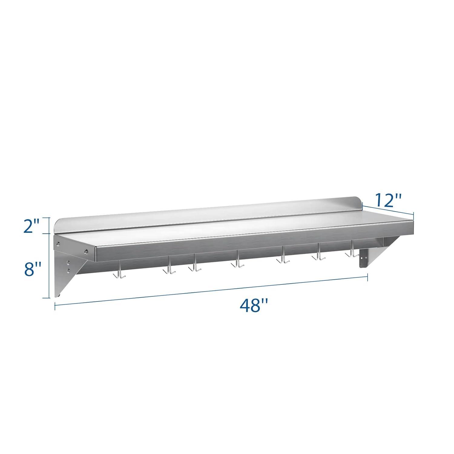 Towallmark Stainless Steel Shelf, NSF Commercial Shelf Wall Mounted, Wall Shelf Floating Shelving for Restaurant, Kitchen, Home, Hotel, 48 x 12 Inches Flat Surface with 7 Hooks