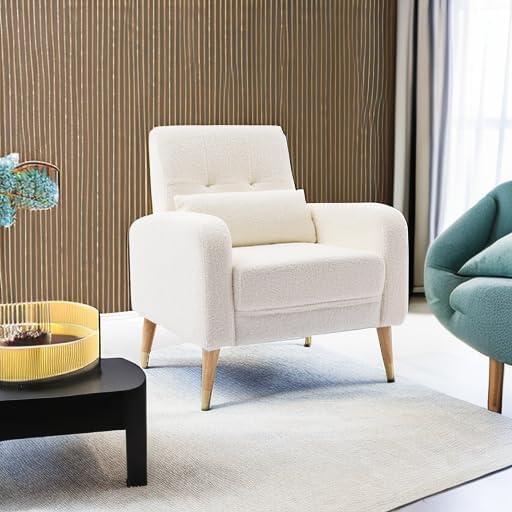 White Upholstered Modern Accent Chair with Wooden Legs