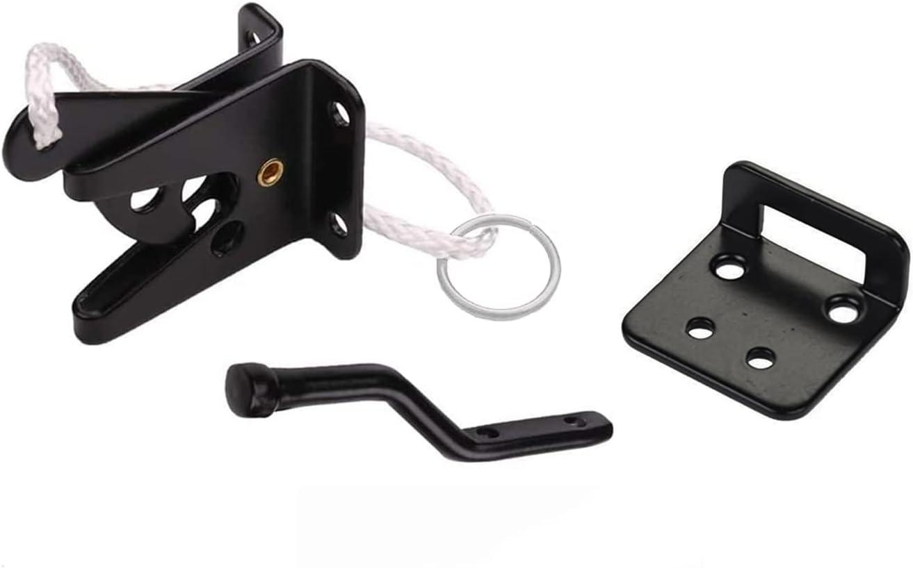 Spring Loaded Gate Latch with Cable and Ring - Powder Coated Black - Screws Included - DHSLGL