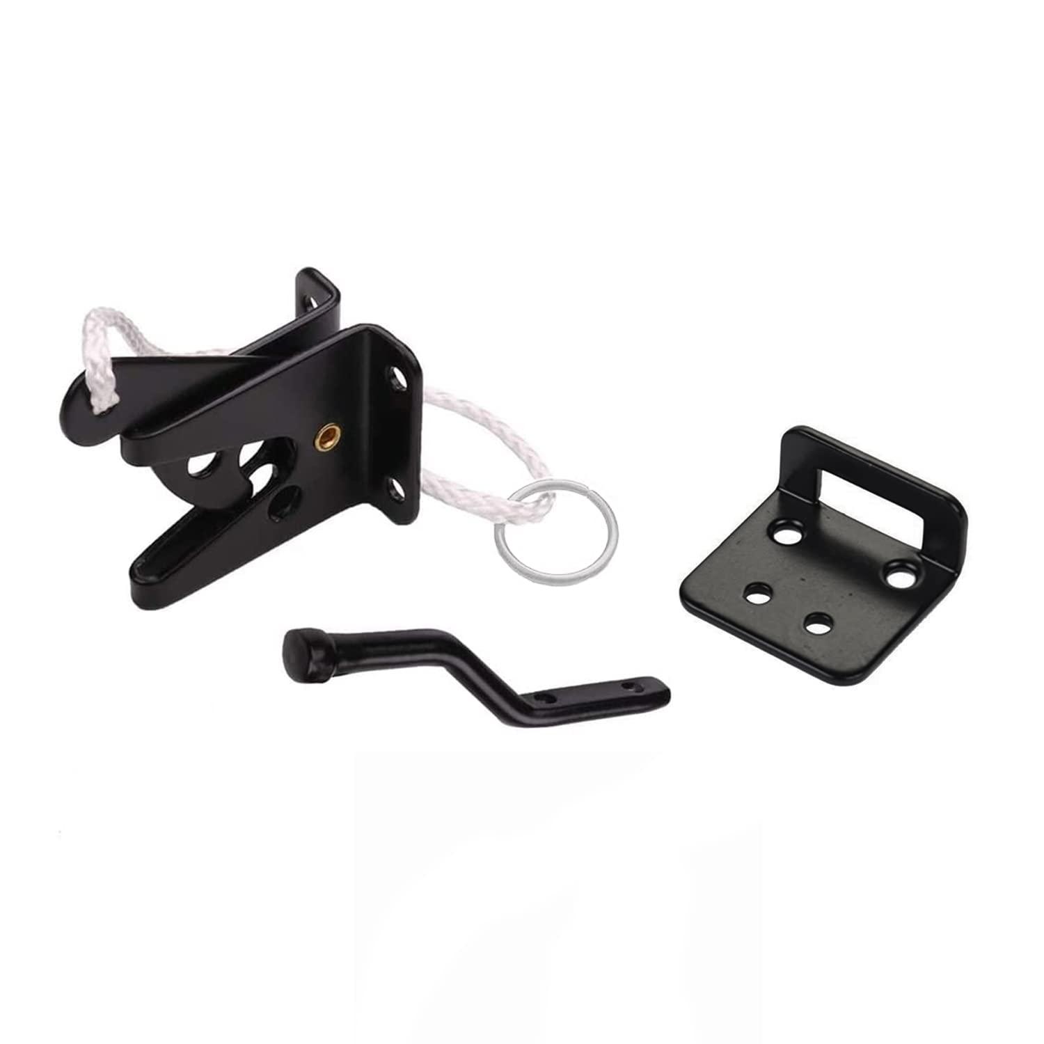 Spring Loaded Gate Latch with Cable and Ring - Powder Coated Black - Screws Included - DHSLGL