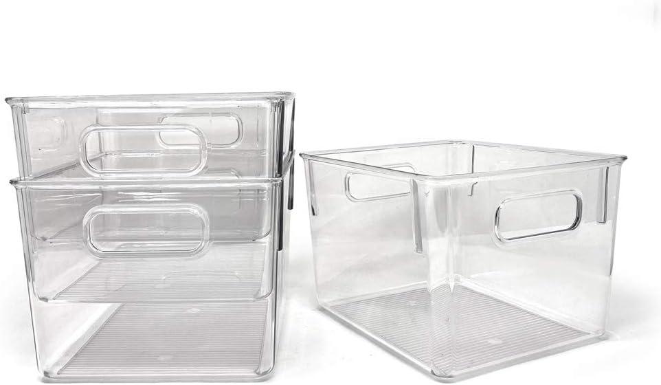 Isaac Jacobs 3-Pack Medium Clear Plastic Organizer Bins w/Handles, Food Safe, BPA Free