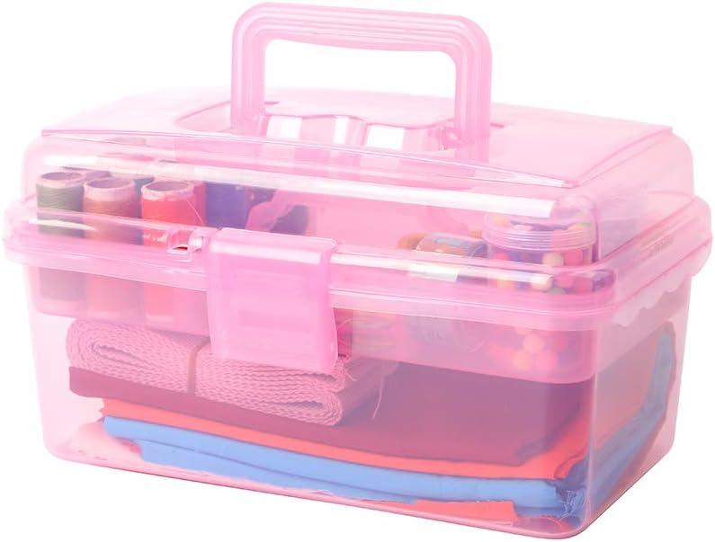 BangQiao Multipurpose Plastic Storage Container Organizer Box Case with Removable Tray and Handle for Art, Craft, Sewing Supplies, Clear&Pink