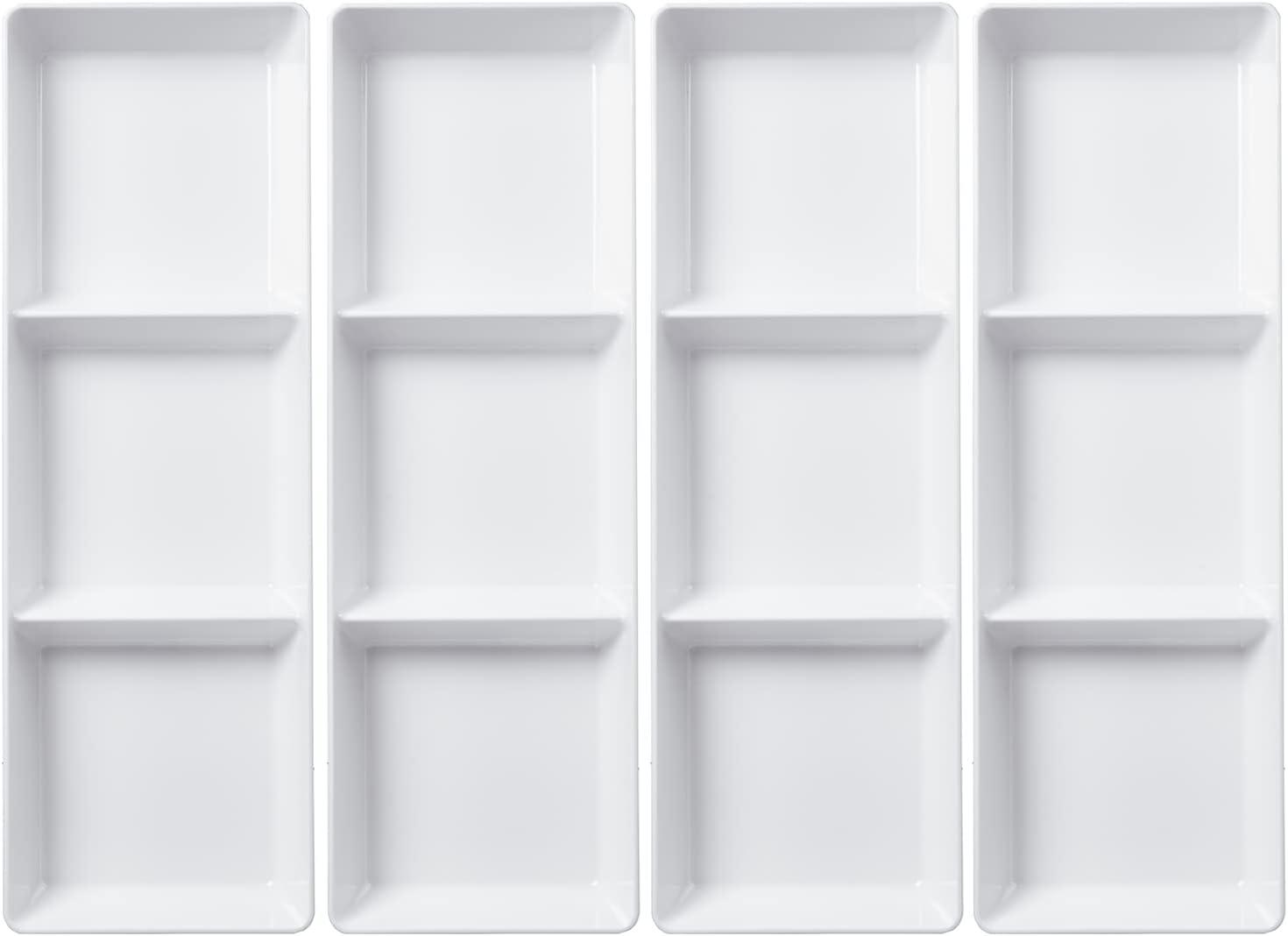US Acrylic Avant White Plastic Divided Serving Trays (Set of 4) 15” x 5” | Narrow Reusable 3-Section Party Platters | Serve Appetizers, Fruit, Veggies, & Desserts | BPA-Free & Made in USA
