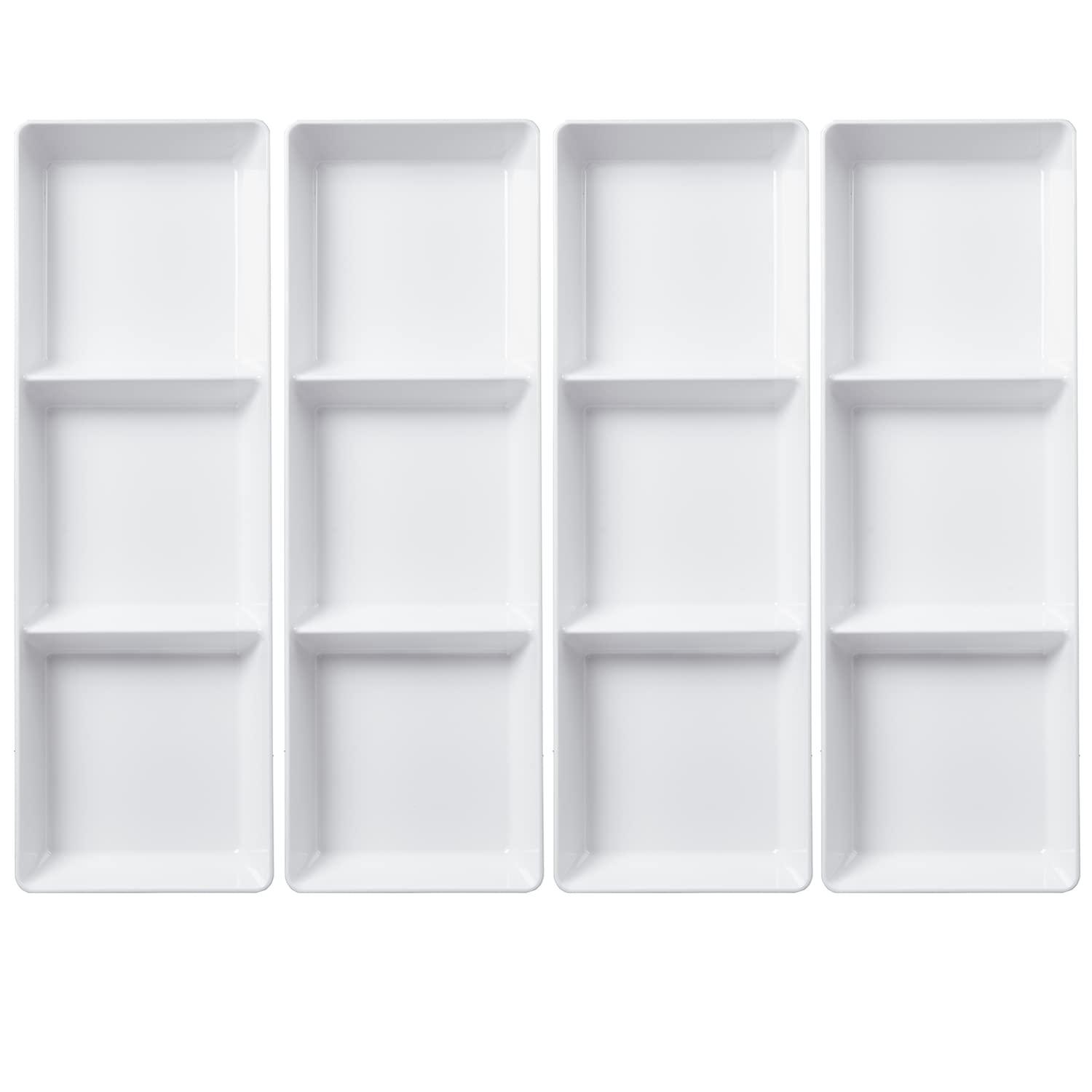 US Acrylic Avant White Plastic Divided Serving Trays (Set of 4) 15” x 5” | Narrow Reusable 3-Section Party Platters | Serve Appetizers, Fruit, Veggies, & Desserts | BPA-Free & Made in USA