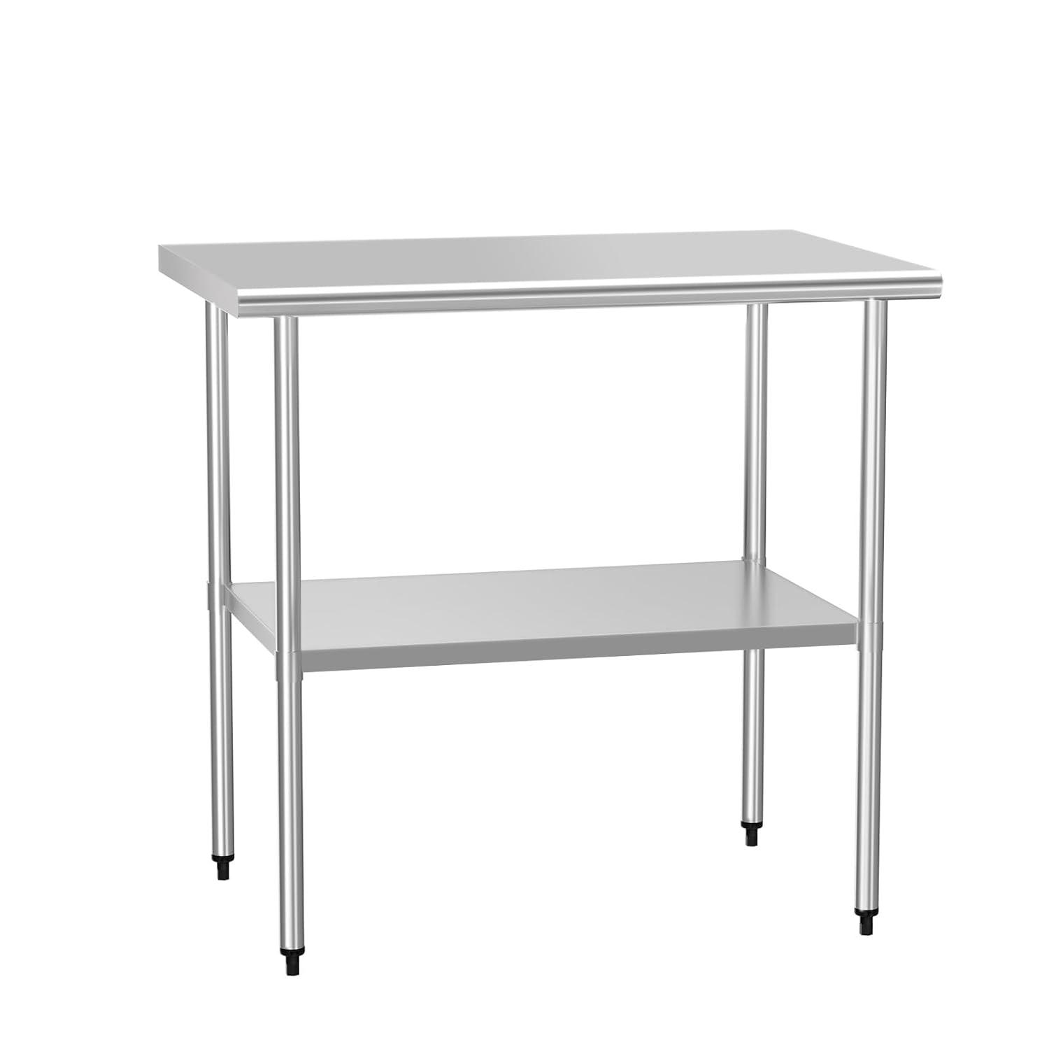 ROVSUN 36'' x 24'' Stainless Steel Table for Prep & Work, Metal Table with Undershelf for Kitchen Restaurant, Home