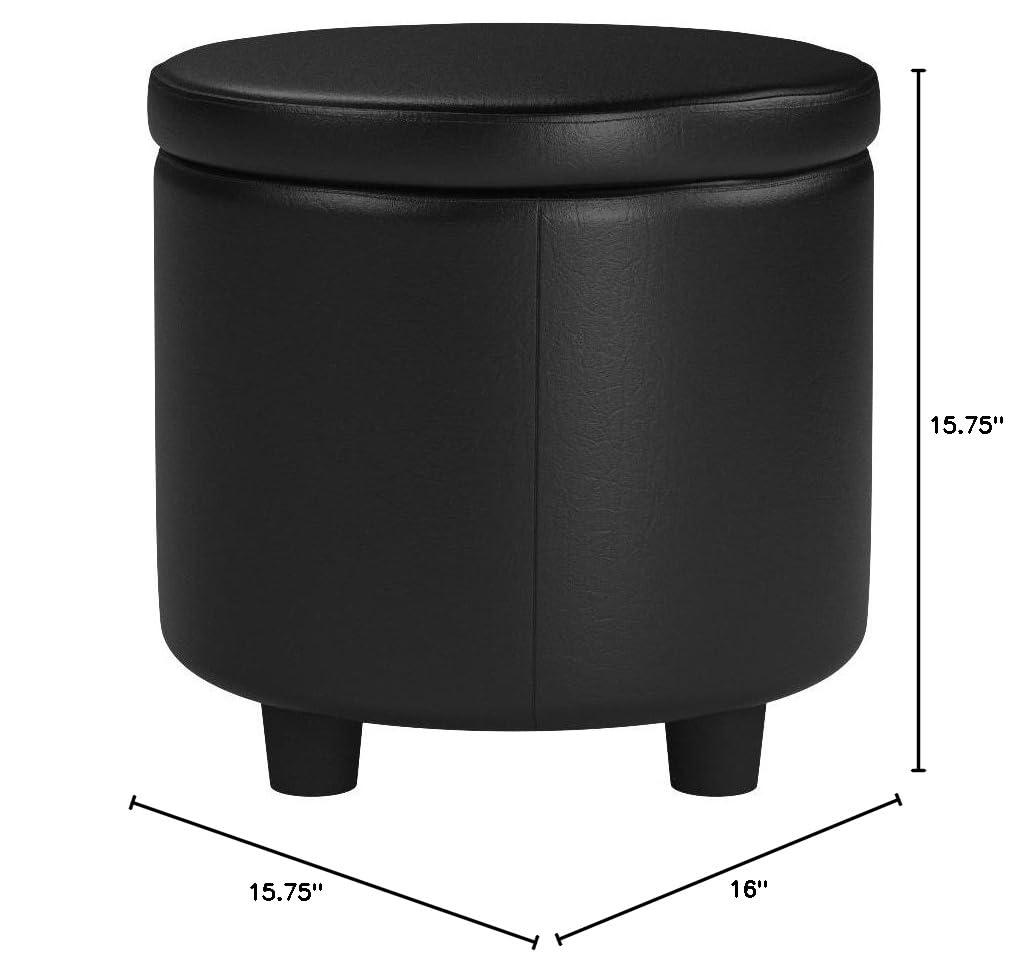 16" Round Black Faux Leather Ottoman with Reversible Tray