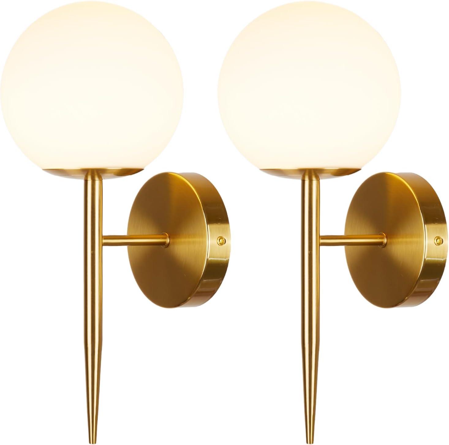 Gold Wall Sconce Set of 2 Globe Glass Wall Light Fixtures Bathroom Vanity Light Mid-Century Modern Wall Sconce Lamp with Frosted Glass Shade for Hallway Bedroom Living Room