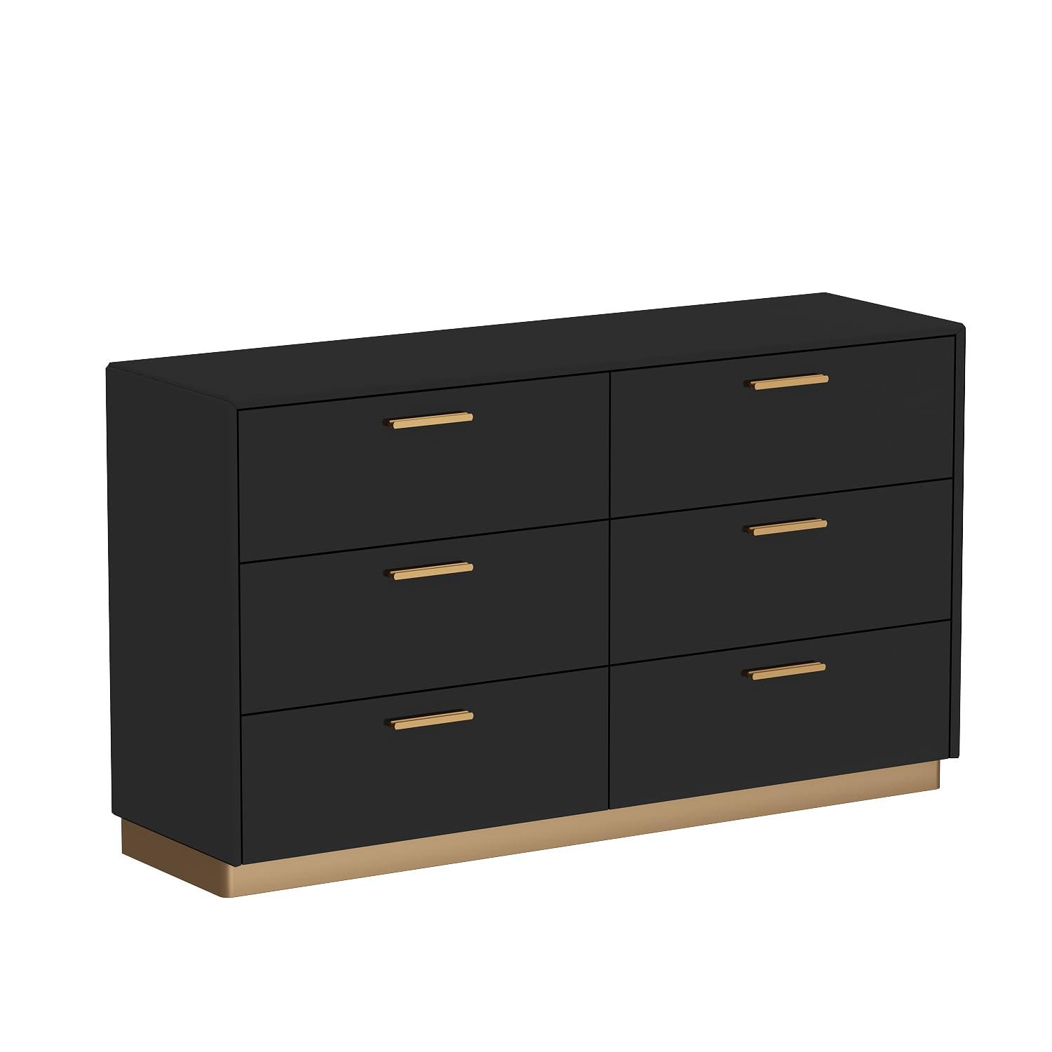 Homsee Black 55.1" L Dresser Storage Chest with 6 Drawers & High Glossy Surface, Wood Double Dresser Chest with Metal Handles for Bedroom, Living Room & Hallway