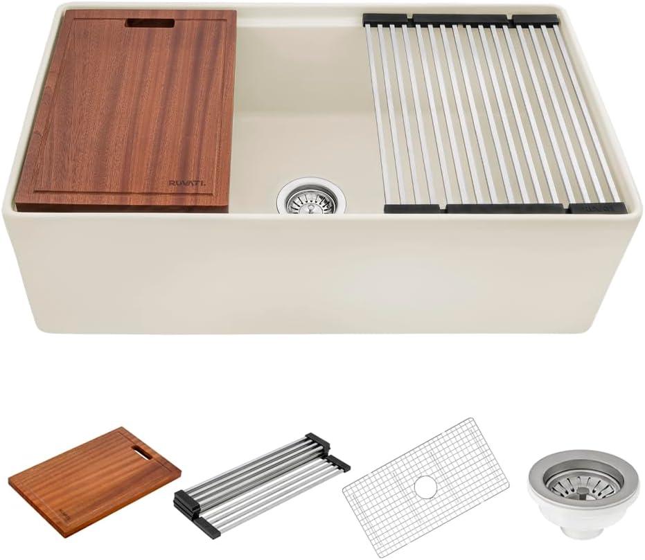 Ruvati 33 inch Fireclay Workstation Farmhouse Kitchen Sink Apron Front Single Bowl