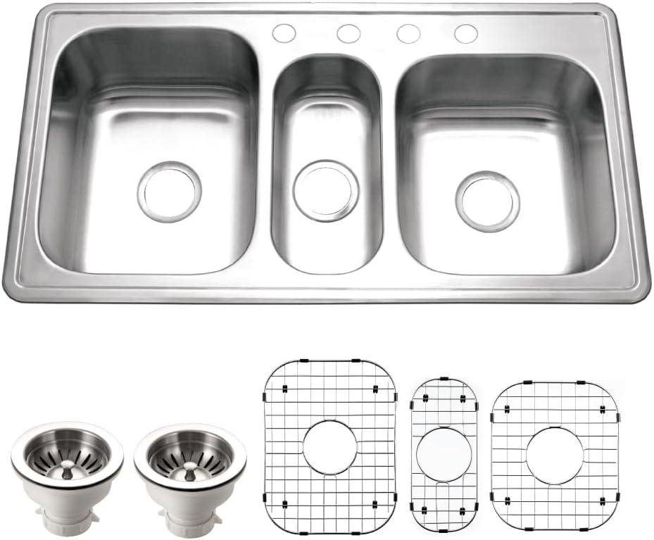 Houzer 41 in Stainless Topmount 4-hole Triple Bowl Kitchen Sink with Strainer and Grids - PGT-4322-C