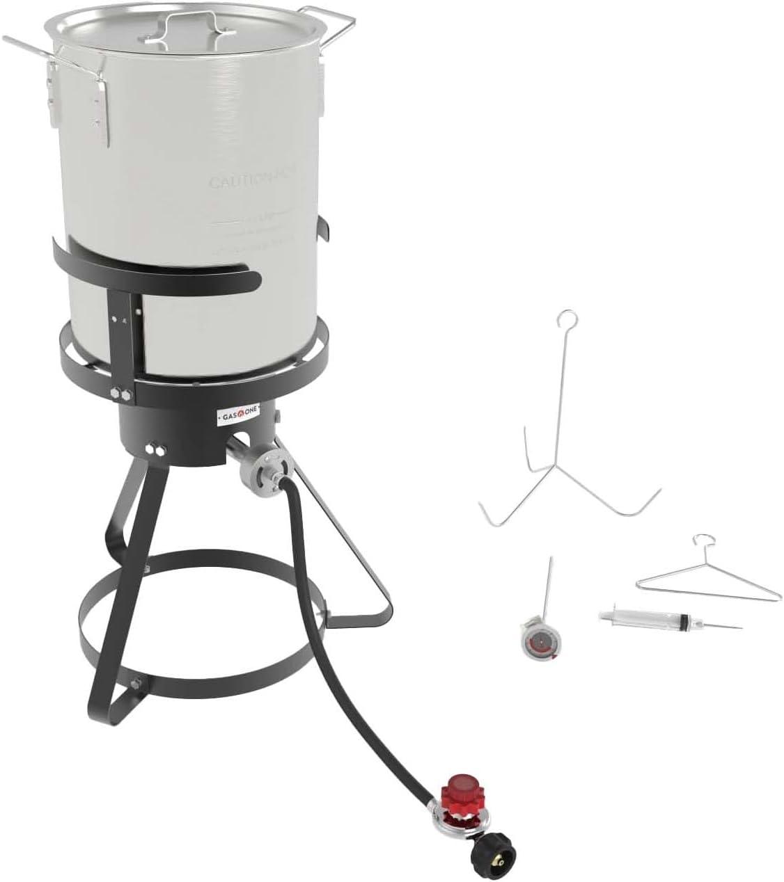 GasOne B-5155-NB Turkey Fryer Pot and Burner – 30 Quart Pot Deep Fryers Outdoor Burner – Cast Iron Burner Head 7-Piece Set Outdoor Deep Fryer with Thermometer, Marinade Injector