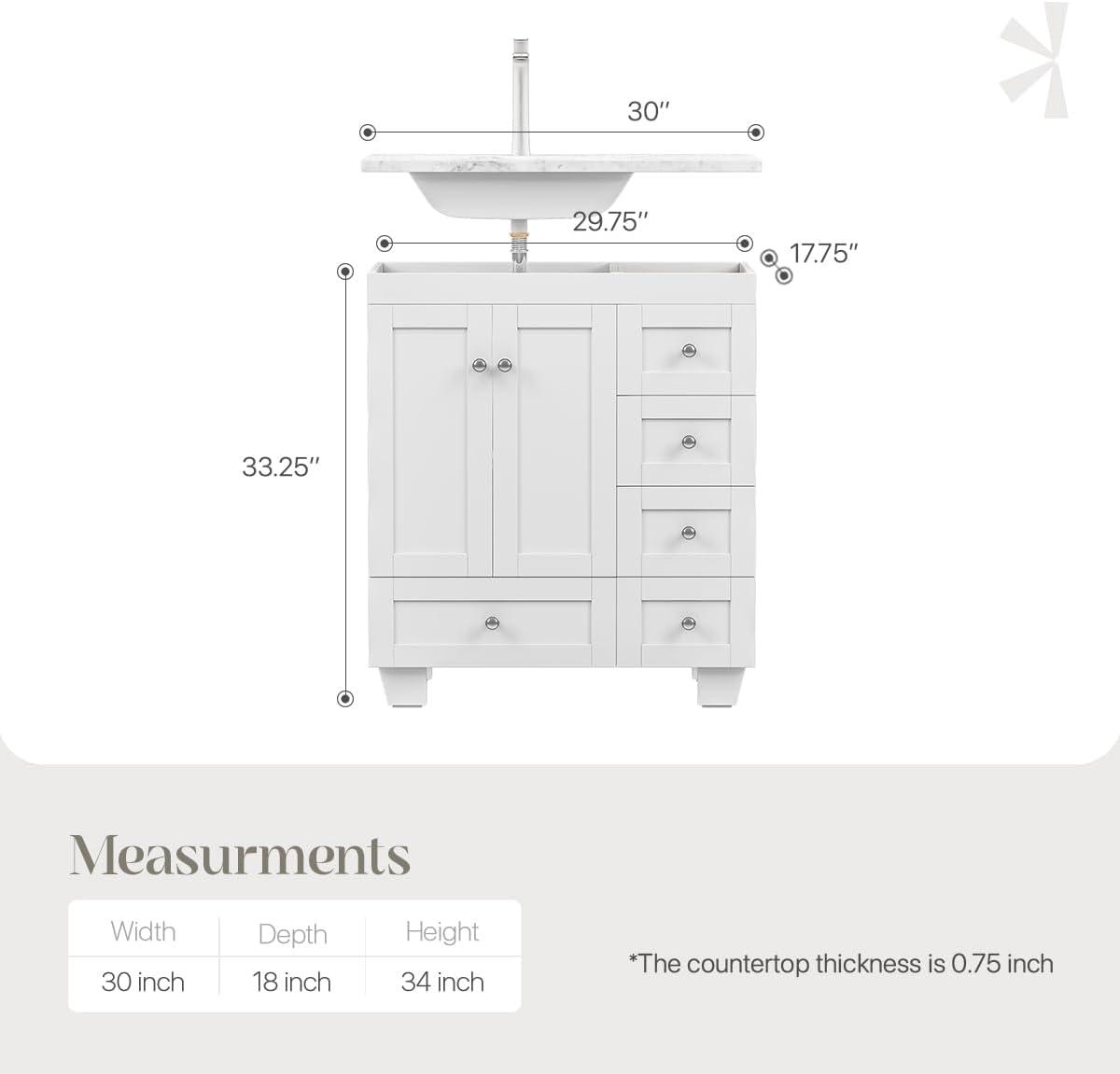 White 30" Bathroom Vanity with Carrara Quartz Countertop