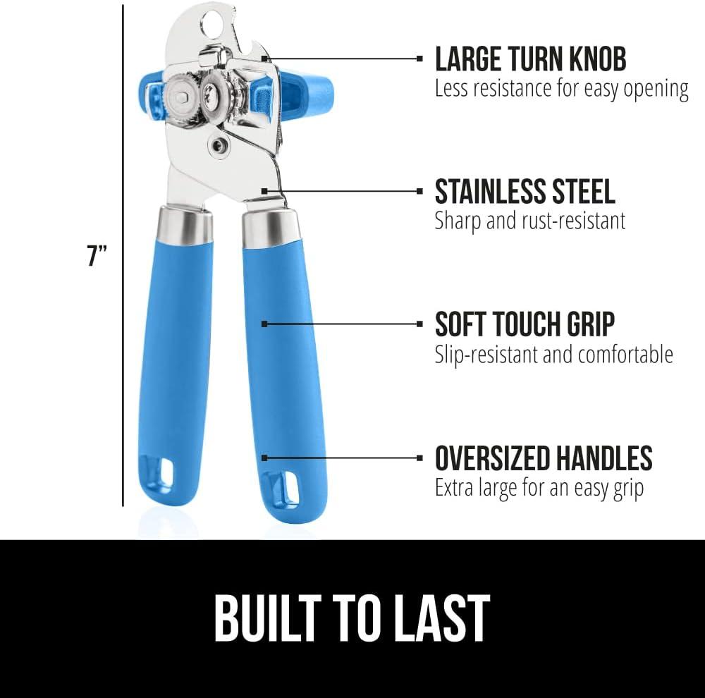 GORILLA GRIP Stainless Steel Manual Can Opener, Soft Touch Handle, Built-In Bottle Opener, Aqua