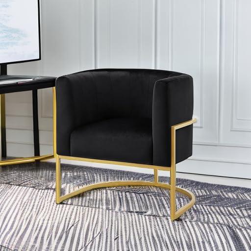 KOSSMAI Upholstered Velvet Accent Barrel Chair with Golden Metal Legs for Living Room Bedroom Office Lounge Chair, Mid-Century Modern Style Armchair (Black)