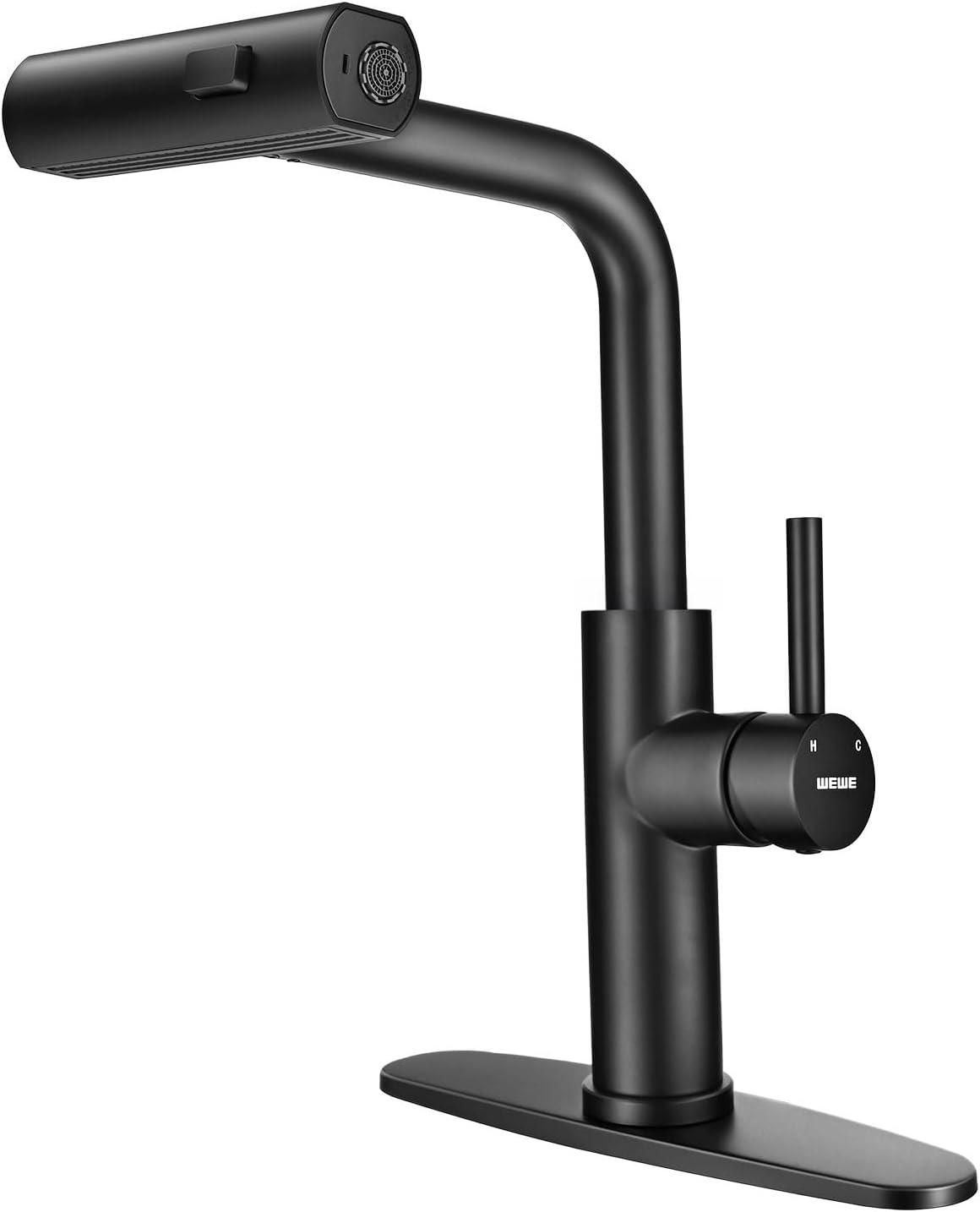 Kitchen Faucet, Waterfall Kitchen Faucet with Pull Down Sprayer, 3 Modes Sprayer Kitchen Sink Faucet Single Lever Handle Faucet for Kitchen Sink, Matte Black