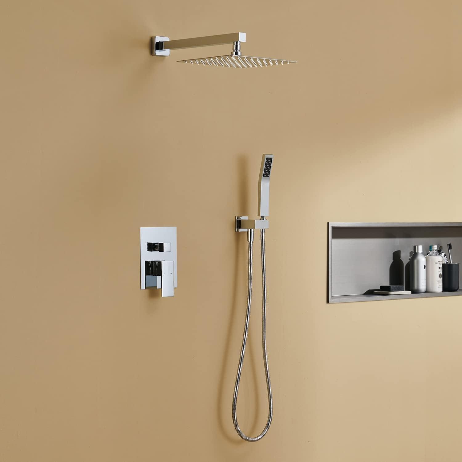 Shower System Shower Faucet Combo Set Wall Mounted with 10" Rainfall Shower Head and handheld shower faucet, Chrome Finish with Brass Valve Rough-In