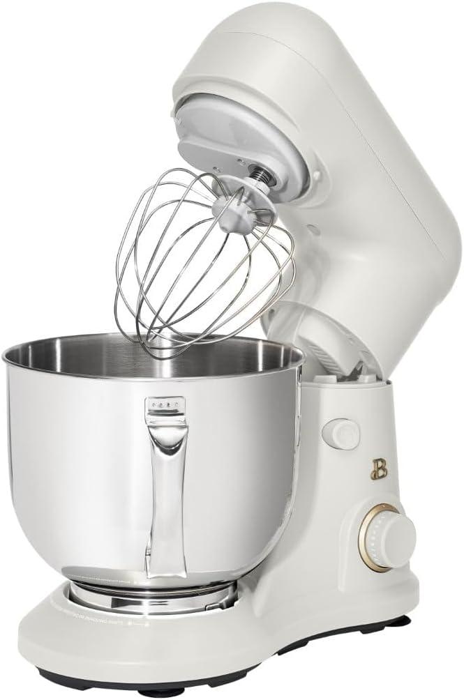 Beautiful 5.3 Qt Stand Mixer, White Icing with Flat Beater, Dough Hook, Balloon Whisk