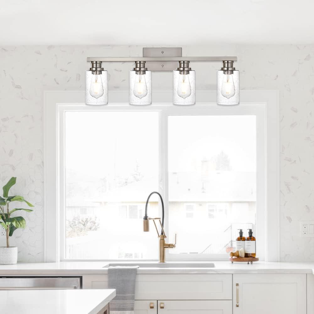 Melucee Brushed Nickel Industrial Bathroom Vanity Light Fixtures Over Mirror Seeded Glass 4 Lights Vintage Vanity Lights Farmhouse Bath Lighting